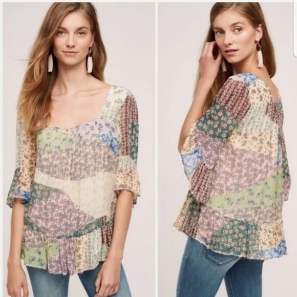 Anthropologie Floreat Chiffon Patchwork Blouse L - Picture 2 of 7